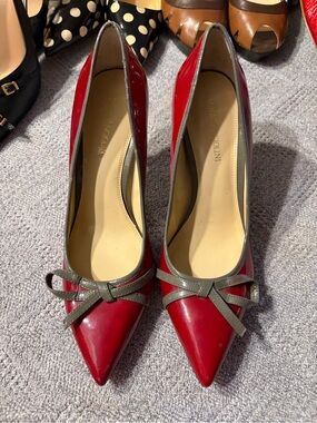 Enzo Angiolini Red Patent Pointed-Toe Pumps with Gray Bow Trim